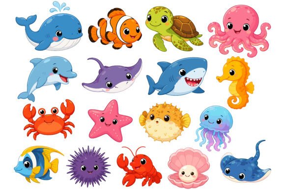 Download Cute Kawaii Sea Animals Clipart Set - Kawaii Collection