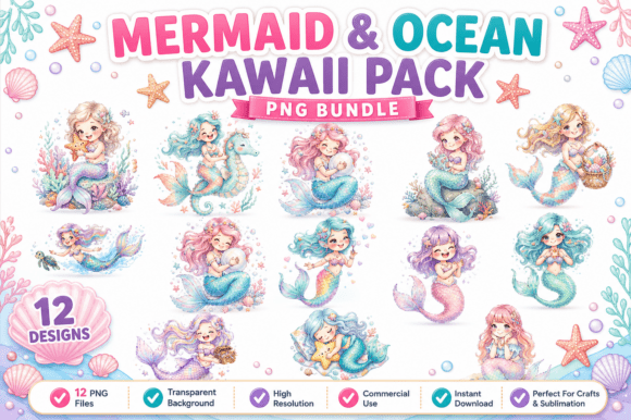 Download Mermaid &amp; Ocean Kawaii PNG Bundle - Kawaii Collection